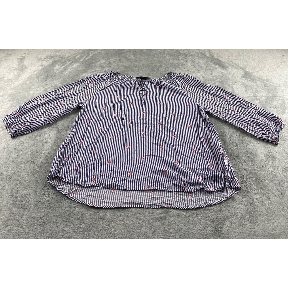 Fred David Womens XL Blue White Striped Floral Embroidered 3/4 Sleeve Blouse Top